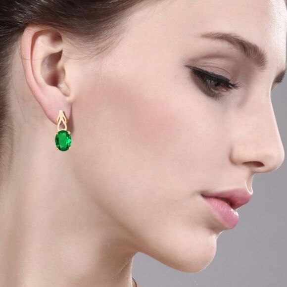 18K Yellow Gold 925 with 3.00 Cttw Emerald Oval Post Back Drop Earrings